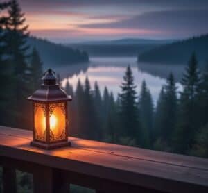 Glowing lantern on wooden railing overlooking misty lake at dusk, cremation services in Concord NC