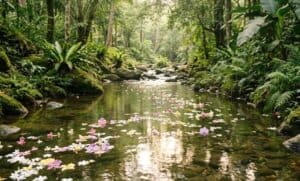 Flower petals floating on clear forest stream, peaceful nature scene, cremation services in Salisbury