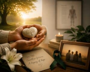 Hands holding a heart-shaped stone with a tree, surrounded by memorial items and sunset light in Salisbury, NC