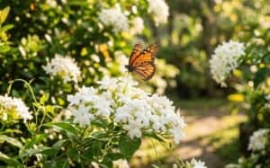 Monarch butterfly perched on white flowers in a sunlit garden, symbolizing peace and remembrance in Concord, NC
