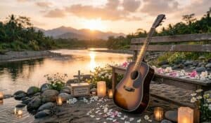 Acoustic guitar at riverside sunset memorial setting for cremation services in Charlotte, NC