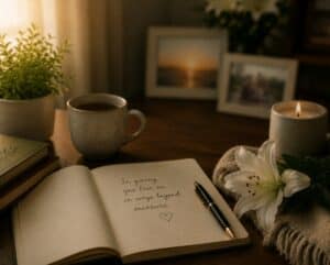 Open notebook with handwritten memorial message, surrounded by candle, flower, and photo on table in Charlotte, NC