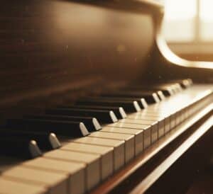Close-up of piano keys in warm lighting for a reflective memorial atmosphere in Concord, NC