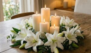 White lilies and glowing candles arranged for a cremation memorial in Charlotte, NC