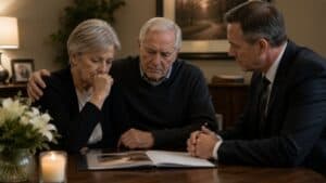 Funeral professional comforting a grieving couple during cremation services in Concord, NC
