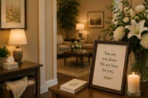 Welcoming memorial room with flowers and candle for cremation services in Concord, NC