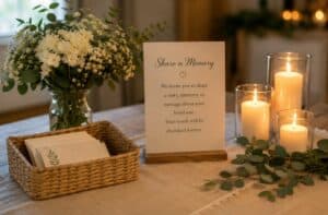 Memorial memory station with flowers and candles for cremation services in Charlotte, NC