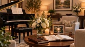 Memorial piano setting with flowers and music for cremation services in Charlotte, NC
