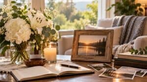 Memorial flowers, candle, and reflection journal for cremation services in Concord, NC
